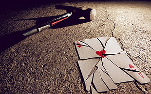 cracked Ace of heart playing card, cards, hammer HD wallpaper
