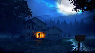 brown wooden house, digital art, illustration, ghost, night