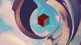 red and gray cube illustration, abstract, cube, triangle, digital art