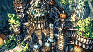 domed building with trees artwork, anime, fantasy city, cathedral, city HD wallpaper