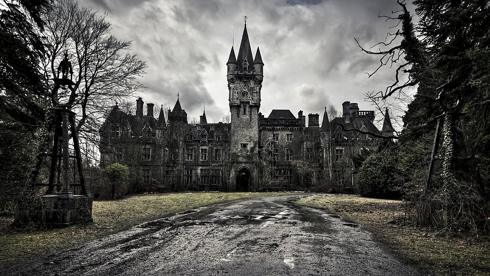 gray concrete castle, castle, old, sky, clouds HD wallpaper