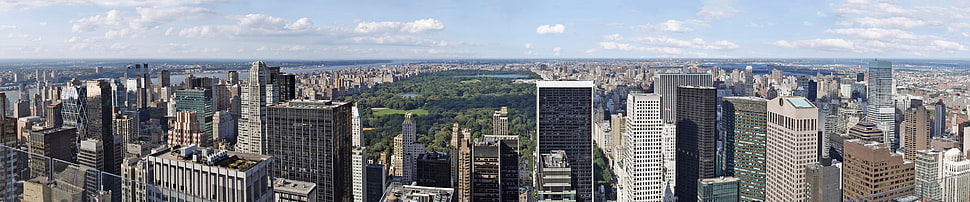 gray high-rise building, New York City, triple screen HD wallpaper