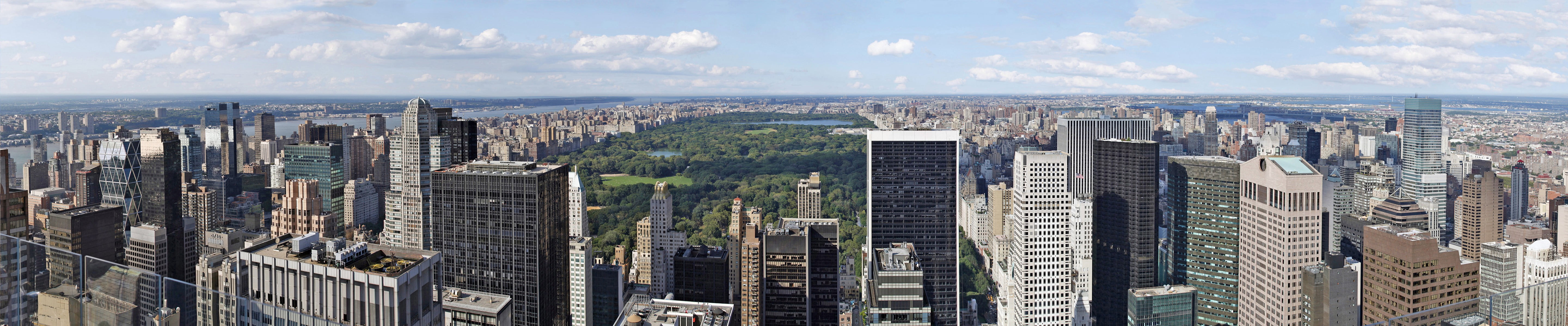 gray high-rise building, New York City, triple screen