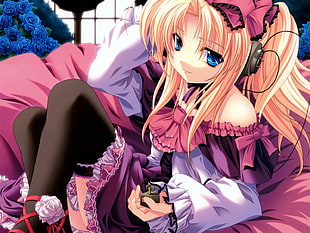 beige-haired female anime character in dress with headphones
