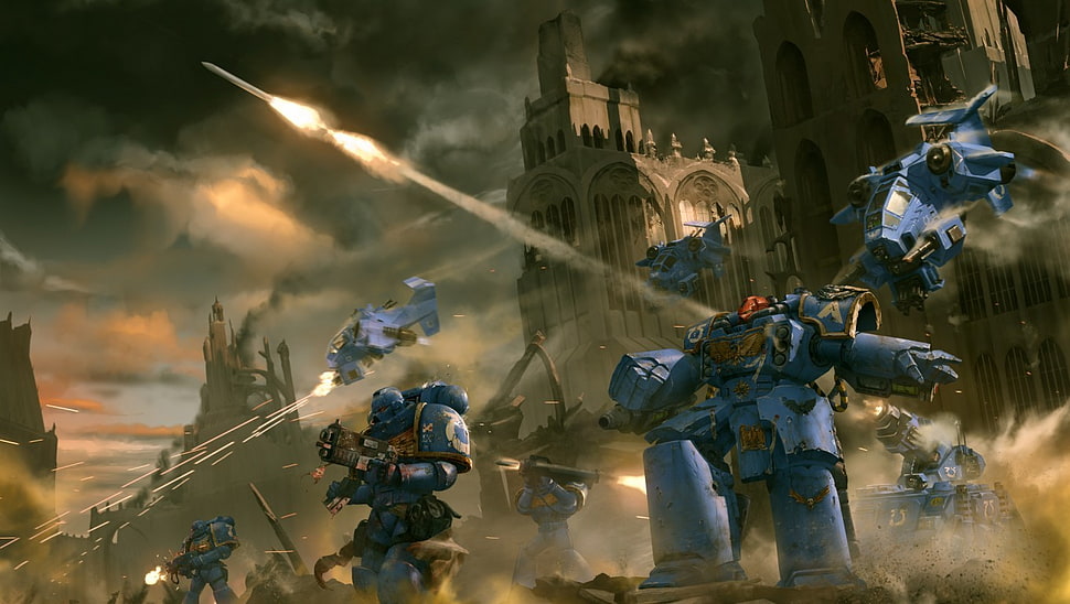 several robots and helicopters near cathedral digital wallpaper, Warhammer 40,000, Ultramarines HD wallpaper