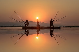 man holding fish catcher, photography, reflection, Sun, sunset
