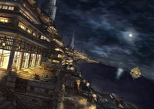 cityscape photograph, night, sky, Moon, castle