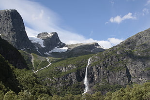 gray and green mountain with waterfalls under blue sky, norway