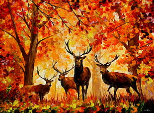 four brown deer near trees painting