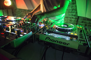 white and gray Pioneer DJ controller, turntables, mixing consoles, DJ