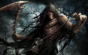 Grim Reaper illustration, dead, skull, scythe, flesh