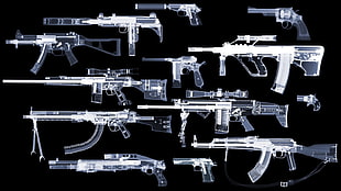 assault rifle, pistol, shotgun, and sniper rifle scan illustration HD wallpaper