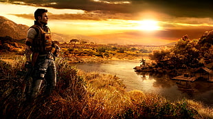 Nathan Drake poster, digital art, video games, gun, landscape
