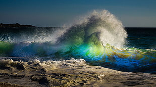 sea wave digital wallpaper, waves, beach, rainbows, water
