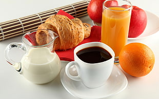 black coffee with milk and orange juice