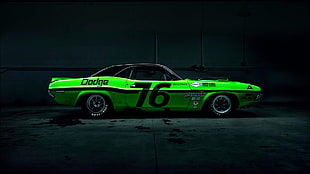 green and black Dodge Challenger coupe, Dodge Challenger, Dodge, green, LibertyWalk HD wallpaper