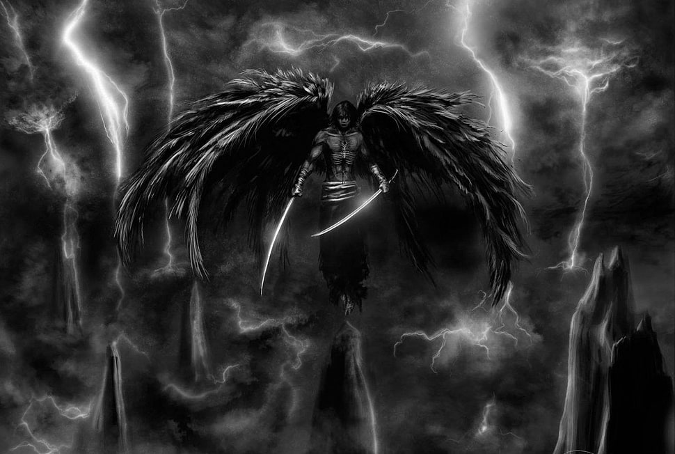 dark assassin angel grayscale photography HD wallpaper