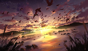flock of birds and body of water illustration, clouds, sunset, birds