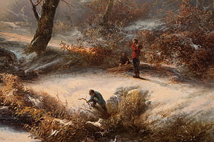 man near bush painting, painting, forest clearing, trees, sunlight