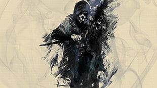skeleton wearing coat holding knife illustration