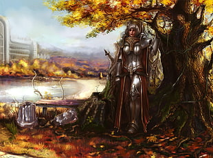Girl,  Tree,  Autumn,  Armor HD wallpaper