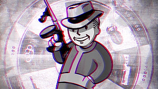 man holding sub-machine gun poster, Fallout 3, anaglyph 3D, Vault Boy