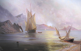 two brown sailboats near island painting, artwork, drawing, fantasy art, boat