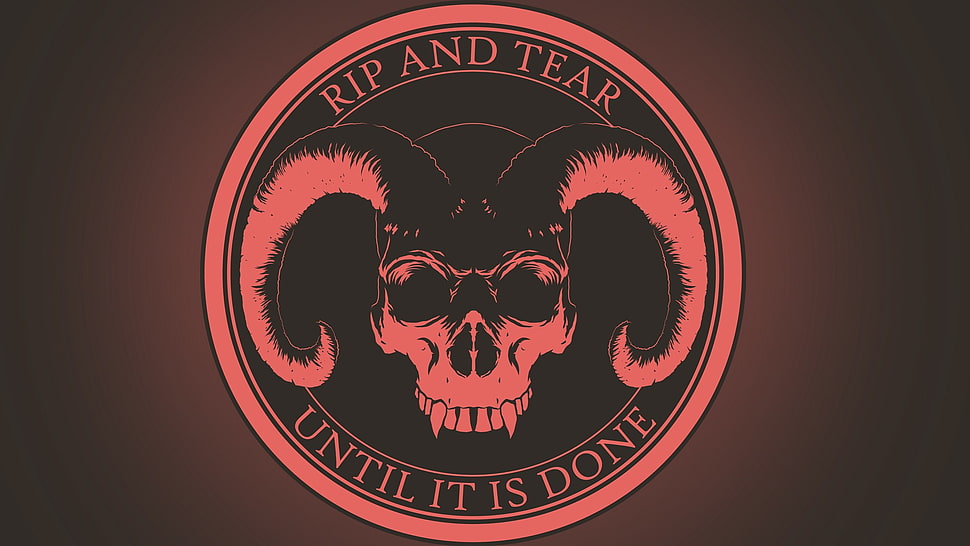 horned skull logo, Doom (game), demon, skull, horns HD wallpaper