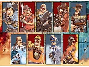 assorted cartoon character collage, Team Fortress 2, Scout (character), soldier, heavy HD wallpaper