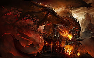 dragon with fire breath illustration, World of Warcraft, video games, dragon, fantasy art HD wallpaper