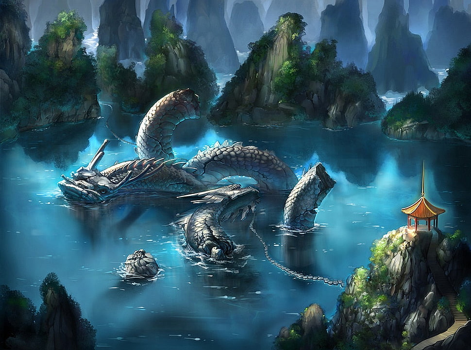 gray dragon on body of water digital wallpaper, fantasy art, lake, cliff HD wallpaper