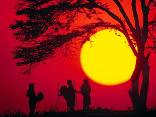 silhouette of three persons with arrows, sunlight, Africa HD wallpaper