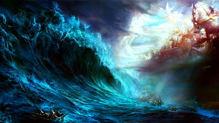 sea creature vs horsemen illustration, artwork HD wallpaper