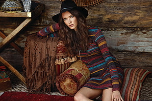 woman in multi color stripped long sleeve mini dress and black sunny hat HD wallpaper