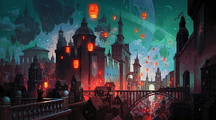 red sky lanterns, architecture, castle, planet, fantasy art