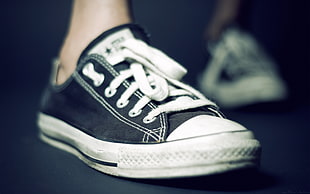 Person wearing pair of black-and-white Converse All Star low top sneakers