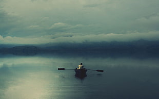 white shirt, boat, lake, mist, isolation