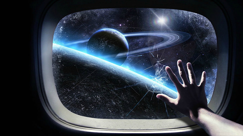 ringed planet digital wall paper, space, window HD wallpaper