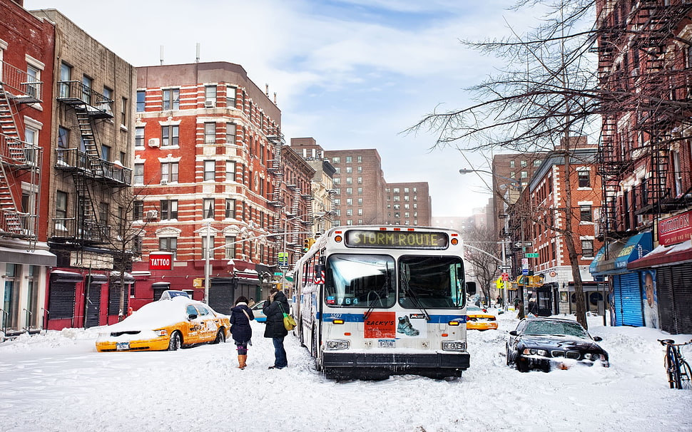man and woman standing beside bus and taxi during winter season in between high rise buildings HD wallpaper