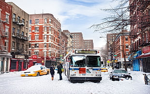 man and woman standing beside bus and taxi during winter season in between high rise buildings