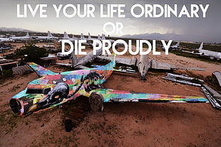 multicolored airplane with text overlay, airplane, typography, C-47 Skytrain