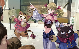 brown haired girl anime character together with brown and black cat illustration