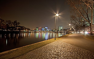 street light beside river during night time