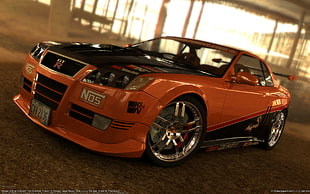 orange and black coupe, car, Nissan, tuning, digital art