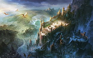 castle wallpaper, castle, dragon, artwork, digital art