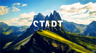 Start text, blurred, mountains HD wallpaper