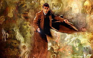 man wearing brown coat artwork, Doctor Who, The Doctor, TARDIS, David Tennant