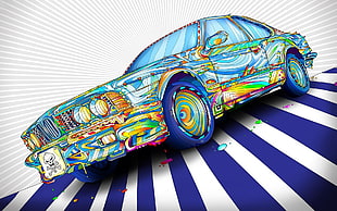 blue, green, orange, and multi-colored BMW coupe illustration
