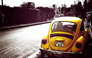 yellow Volkswagen Beetle, car, Volkswagen, selective coloring
