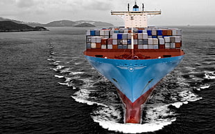 blue and red cruise ship, container ship, sea, ship, Maersk HD wallpaper